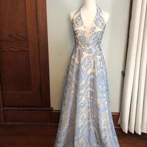 Blue and skin color halter top formal dress